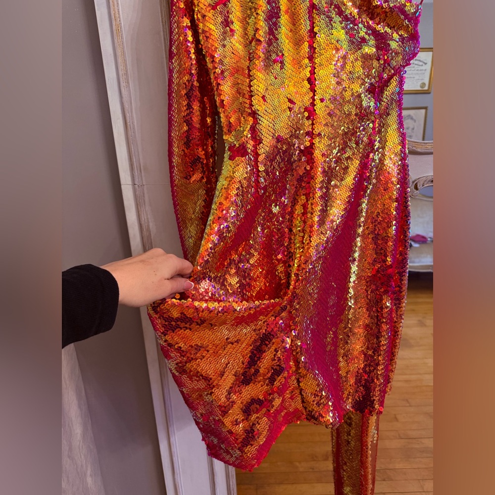 NADINE MERABI One-Shoulder Pink and Gold Sequin Dress - Picture 3 of 6